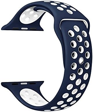 Yearscae Durable Soft Silicone Replacement iWatch Band Sport Style Wrist Strap for Apple Watch Band Series 3 Series 2 Series 1 Sport Edition (38mm, S/M Blue / White)