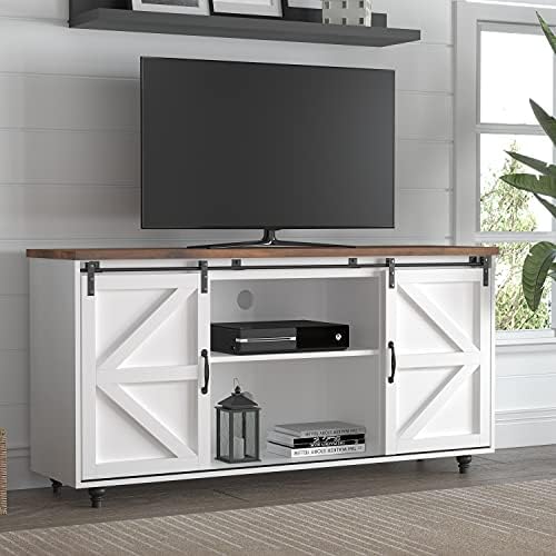 White Farmhouse TV Stand Sliding Barn Door, Modern Rustic Wood