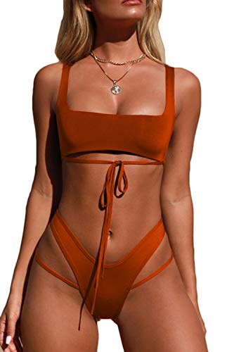 Bisting Womans Tie Front Cutout High Waist Strappy Bikini Sets 2 PC Swimsuit Rust L