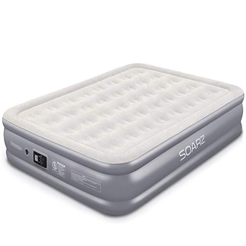 Soarz Queen Air Mattress with Built in Pump, Inflatable Blow Up Mattress for Guests & Camping, Double High Elevated Airbed with Comfortable Flocked Top, 80 x 60 x 18 inches, 3-Year Warranty
