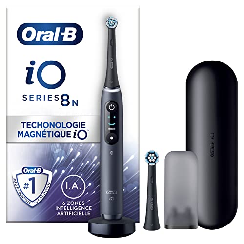 Oral-B iO 8N Elektrische Zahnbürste mit 2 Bürstenköpfen und 1 Reiseetui, entworfen von Braun, originelle Geschenke, Schwarz