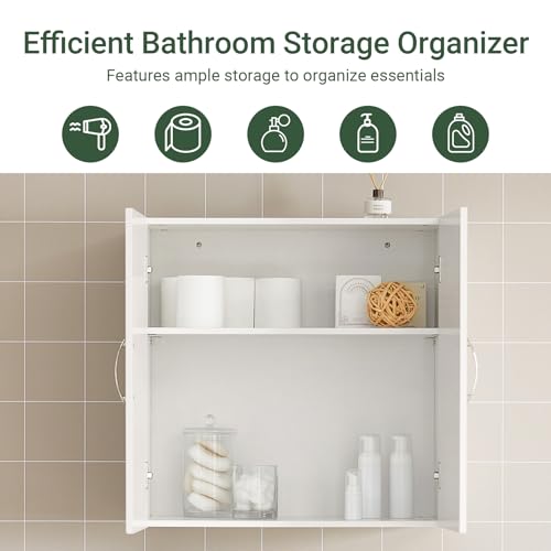 SoBuy Wall Mounted Cabinet White Bathroom Wall Cabinet with Double Doors and Adjustable Shelf, Storage Cupboard Hanging Kitchen Pantry Organizer Over the Toilet, 60x30x60cm, FRG231-W