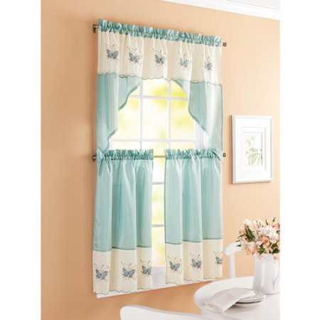 Better Homes and Garden Embroidered Butterfly Window Kitchen Curtains, Set of 2, Aqua