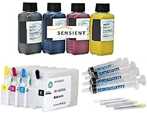 Refillable Quick-Fill Ink Cartridges with Auto Reset Chips Like HP 953 (XL) Black Cyan Magenta Yellow + 400 ml Sensient Premuim Refill Ink
