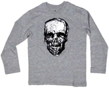 Round Neck Cool Smiling Skull Face Long Sleeve T-Shirt (Large (12/14), Grey)