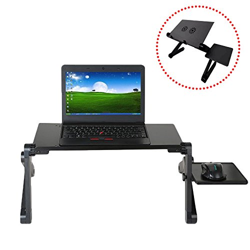 Yuanshikj 7" to 18" Office Solutions Portable Adjustable Aluminum Laptop Desk/Stand/Table Vented w/CPU Double Fans Mouse Pad Side Mount for Notebook MacBook iPad Bed Lap Tray Stan (Black)