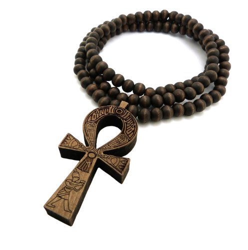 Fashion 21 Egyptian Ankh Cross Pendant 8mm 36" Wooden Bead Necklace Brown- Tone XJ217BRN