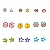 9 Pairs Multicolor Flower Crystal Emoji Small Stud Earrings Set for Girls
