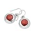 925 Sterling Silver Natural Red Sea Bamboo Color Circle Inlay Round Dangle Hook Earrings 1
