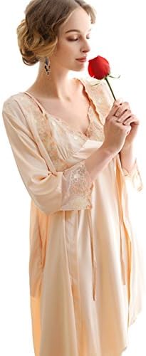 Awaye Womens Nightgown and Robe Set Sexy Pajama Elegant Satin Two Piece 3/4 Sleeve Sleepwear V Neck Lace Trim Nightdress
