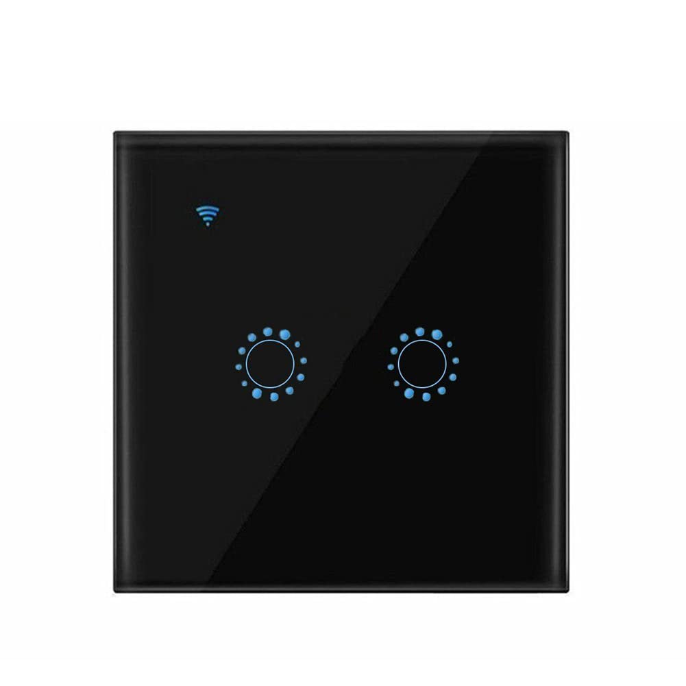 Smart Light Switch, Smart Home WiFi Wireless Panel Touch Wall Light Remote Control Switch Works with Alexa and Google Home, APP Remote Control (Black 2 Gang)