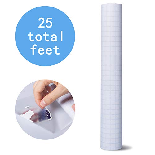 12" x 25' Clear Vinyl Tranfser Paper Tape Roll with Grid, Perfect Tape for Cameo, Cricut, Self Adhesive Vinyl Decals, Signs, Windows, Stickers and Other Smooth Surfaces