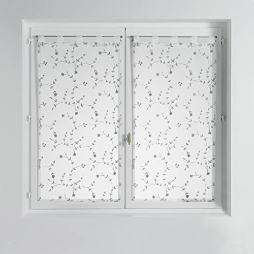 Douceur dInterieur, Pair of Net Curtains with Loops (2 x 60 x 120 cm) Small Flower White/Grey, Embroidered Sandy Voile