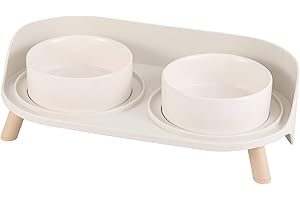 AHX Cat Food Water Bowl Set - Raised Cat Bowls with Non Slip Stand - Elevated Puppy Bowls for Small Dogs - Double Ceramic Cat Feeding Bowls with Splash Proof Guard - Tall Cat Dishes - 2 x 480 ML - 16.2 OZ
