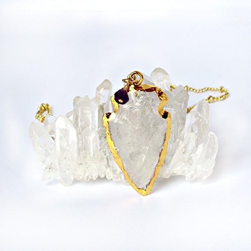 14k Gold Plated Handmade Necklace with Natural Clear Quartz Arrowhead and Amethyst Pendant - 20" Length