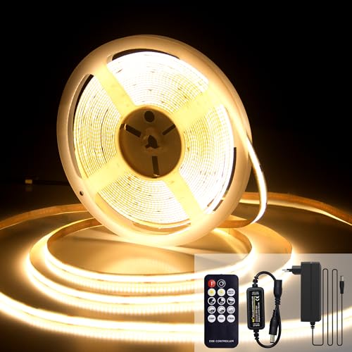 luktix COB LED Streifen 10M, LED Streifen Warmweiss 3000K, 24V Lichtband Dimmbar, CRI92, 8mm Breite, mit Fernbedienung und Netzteil, für Home Dekorati