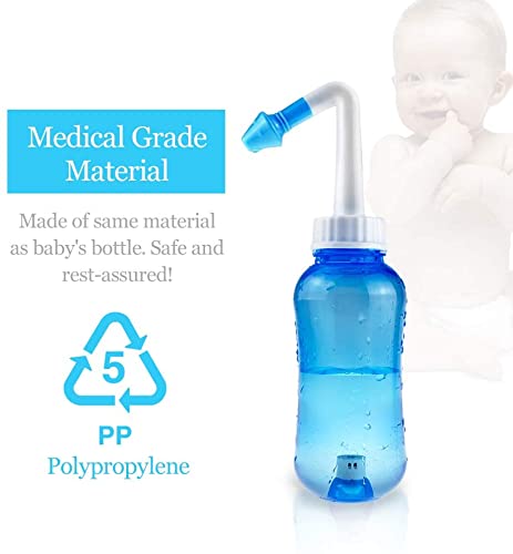 Waterpulse Neti Pot Sinus Rinsing,Nasal Wash Bottle Sinus Rinsing Bottle Cleaner Pressure Irrigation Neti-Pot with Sticker Thermometer for Adult & Kid (300ml with 30 Nasal Wash Salt Packets,Blue)