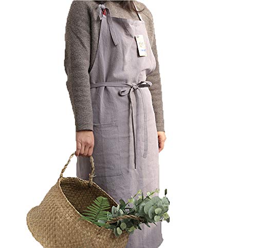 UHEIM Premium Free Size Linen Bib Apron Kitchen Apron with Large Pocket 9 Colors (Grey)