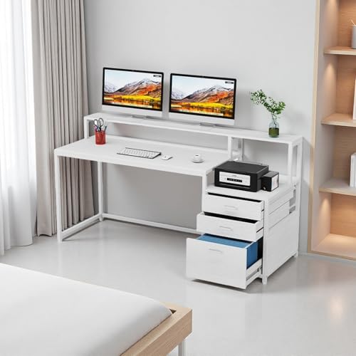 KINTOP Escritorio Oficina con 3 Cajones, Soporte para 3 Monitores, Estructura de Madera Resistente, 160 Lar. x 50 ANC. ×90 Alt. CM, Escritorio para computadora Multiusos para Hogar Pequeño (Blanco)
