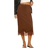 Women Satin Slip Skirt Lace Trim Elastic Waist Long Skirts Silky Bodycon A Line Cocktail Party Midi Skirt