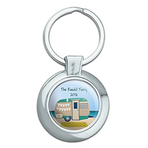 Graphics and More Personalized Custom Happy Camper Trailer Beach Camping Family Classy Round Chrome Plated Metal Keychain