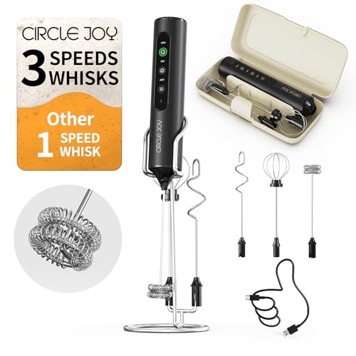 CIRCLE JOY Rechargeable Handheld Milk Frother Wand with Stand, 3 Variable Speeds,
