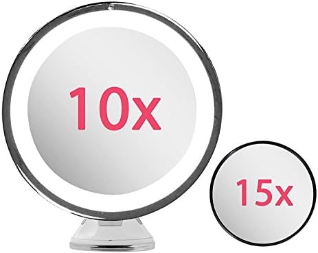 Lighted Makeup Mirror 10X Magnifying with True Daylight LED - Mount or Table Top - Touch + Dim - Cordless Home or Travel Vanity Bathroom Set w/ Bonus 15X Magnification Mirror &amp; Microfiber Cloth