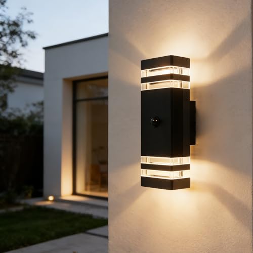 YOVGQOLV PIR Outdoor Wall Lights with Motion Sensor, IP54 Waterproof Up Down Outside Light Mains Powered Square Front Door Porch Light Exterior Sconce Lamp Included 2x5w 3000K GU10 Bulb, Black