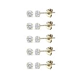 5 Pair Set 14K Gold Cubic Zirconia Tiny 2mm Round