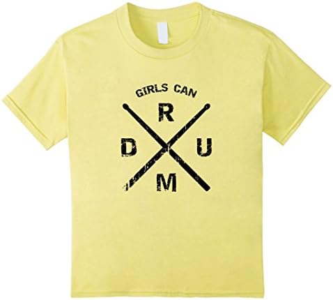 Kids Girls Can Drum Drummer T-Shirt - Trendy Crossed Drum Sticks 8 Lemon