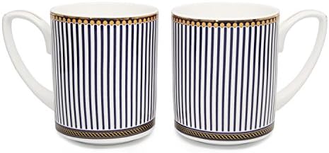 Amazing Porcelain 2pc Bone China 10-Ounce Tea &amp; Coffee Mug Set with Blue Ribbons Vintage Cup Ornament and Gold Rim