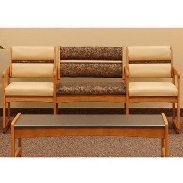 DMD Office and Waiting Room Three Seat Bariatric Guest Chair with Center Arms, Medium Oak Wood with Mocha Vinyl Upholstery