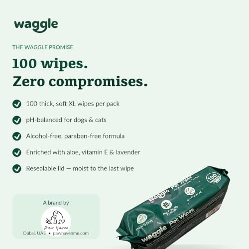 Waggle Pet Wipes for Paws, Fur and Face, Gentle and Alcohol-Free, 100 Wipes | Dog & Cat Wipes, Pet Wipes