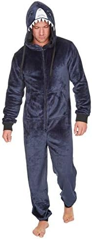 Mens All in One Blue Shark Daddy Dad Onezee Hooded Pyjamas Pjs Lounge Nightwear