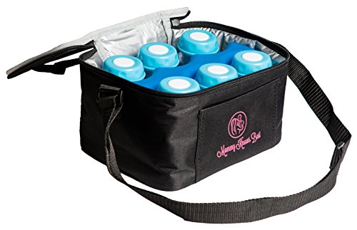 Breastmilk Cooler Bag Set for Nursing Mothers - Includes Baby Bottle Cooler Tote, (6) 5 oz Breast Milk Bottles, (6) Solid Lids, Contoured Ice Pack for Insulated Storage - Blue