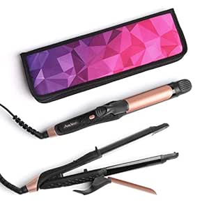 AmoVee 2 in 1 Flat Iron Curling Iron Hair Straightener, Dual Voltage, 1 inch, Carry Bag Included (Black)