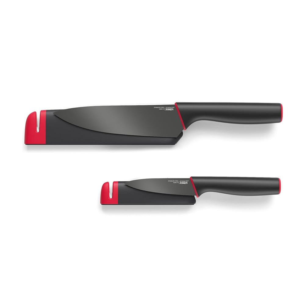 Joseph Joseph Slice and Sharpen Knives with 6 Inch Chef's Knife and 3.5 Inch Paring Knife - Black/Red