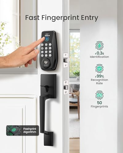DESLOC C110 Fingerprint Keyless Entry Door Locks, Front Door Smart Lock Deadbolt with Handle Set, Auto-Lock, Backlit Keypad, 12 Months Battery, IP54, BHMA Grade 3 (Black)