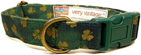 Shamrock - Mottled Green Antique Brass Gold Shamrock Irish Four Leaf Clover Ireland Organic Cotton Pet Collar - Handmade in the USA