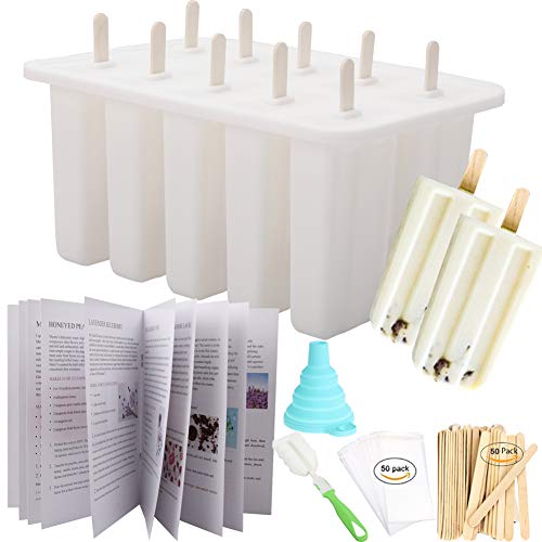Homemade Popsicle Molds Shapes, Food Grade Silicone Frozen Ice Popsicle Maker-BPA Free, with 50 Popsicle Sticks, 50 Popsicle Bags, Brush, Funnel and Ice Pop Recipes(White 10 Cavities) - Thumbnail 7