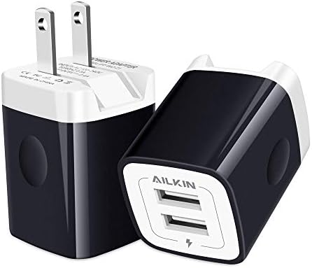 Travel USB Wall Charger, AILKIN 2.4A/2Pack Dual Foldable USB Plug, Dual Port Small Charger Cube USB Box Charger Base Power Outlet Block for Smart Cell Phone XR XS XS MAX Fast Charging Box-Black