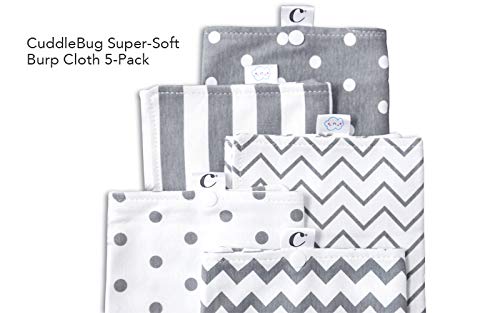 CuddleBug Baby Burp Cloths, Grey & White (Spots & Stripes) - Pack of 5 - Extra Absorbent 100% Organic Cotton Burp Cloths