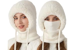 3 in 1 Beanie Hat for Women, Knit Hooded Scarf with Neck Warmer & Face Cover for Outdoor Snow and Ski