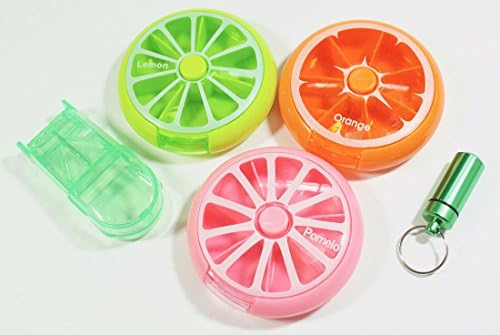 Aurelie Set of 3 Round 7 day pill organizer + FREE Pill Splitter &amp; FREE Small Aluminum | Fruit Shaped Rotating Pill Organizer - 3 Color, 7 Slot Portable Pill Storage Case, Cute Travel Pill Container