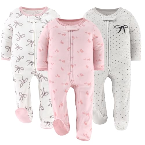 The Peanutshell Baby Sleepers for Girls Set of 3 - Soft Cotton Footed Pajamas for Newborns & Infants - Pink Balletcore