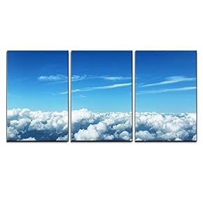 3 Piece Canvas Wall Art - Aerial View of Clouds and Landscape Under Them. - Modern Home Art Stretched and Framed Ready to Hang - 16"x24"x3 Panels