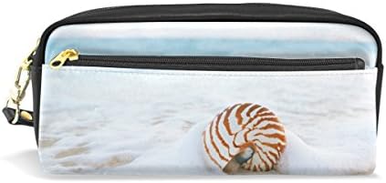 ColourLife Nautilus Sea Shell On Golden Sand Leather Zipper Pencil Case Holder Makeup Cosmetic Bag