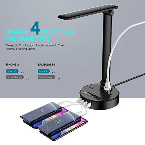 LED Desk Lamp Light with 4 Fast USB Charging Port and 2 AC Power Outlet, 4 Levels Brightness, 6FT Extension Cord, Touch Dimmer Control, 8W Eye-Caring Table Lamp for Bedside Office Hotel Dorm