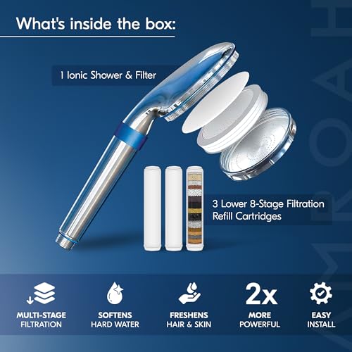 Premium High Pressure Shower Head with Handheld, 9-Layer Filtration System, 3 Replaceable Cartridges for Hard Water, Removes Chlorine, Helps Reduce Dry Itchy Skin, Water Softener Filter Beads, Chrome