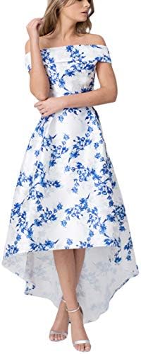 Jessica CC Women's Satin Floral Off Shoulder Prom Dress High Waist Formal Hi Low Dress